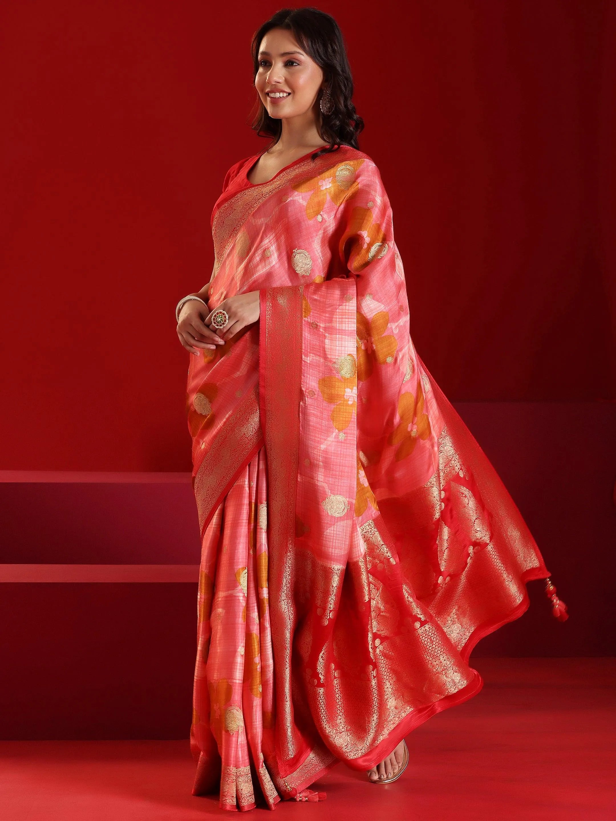 Libas Art Gold Ethnic Motifs Woven Design Silk Blend Saree With Unstitched Blouse Piece