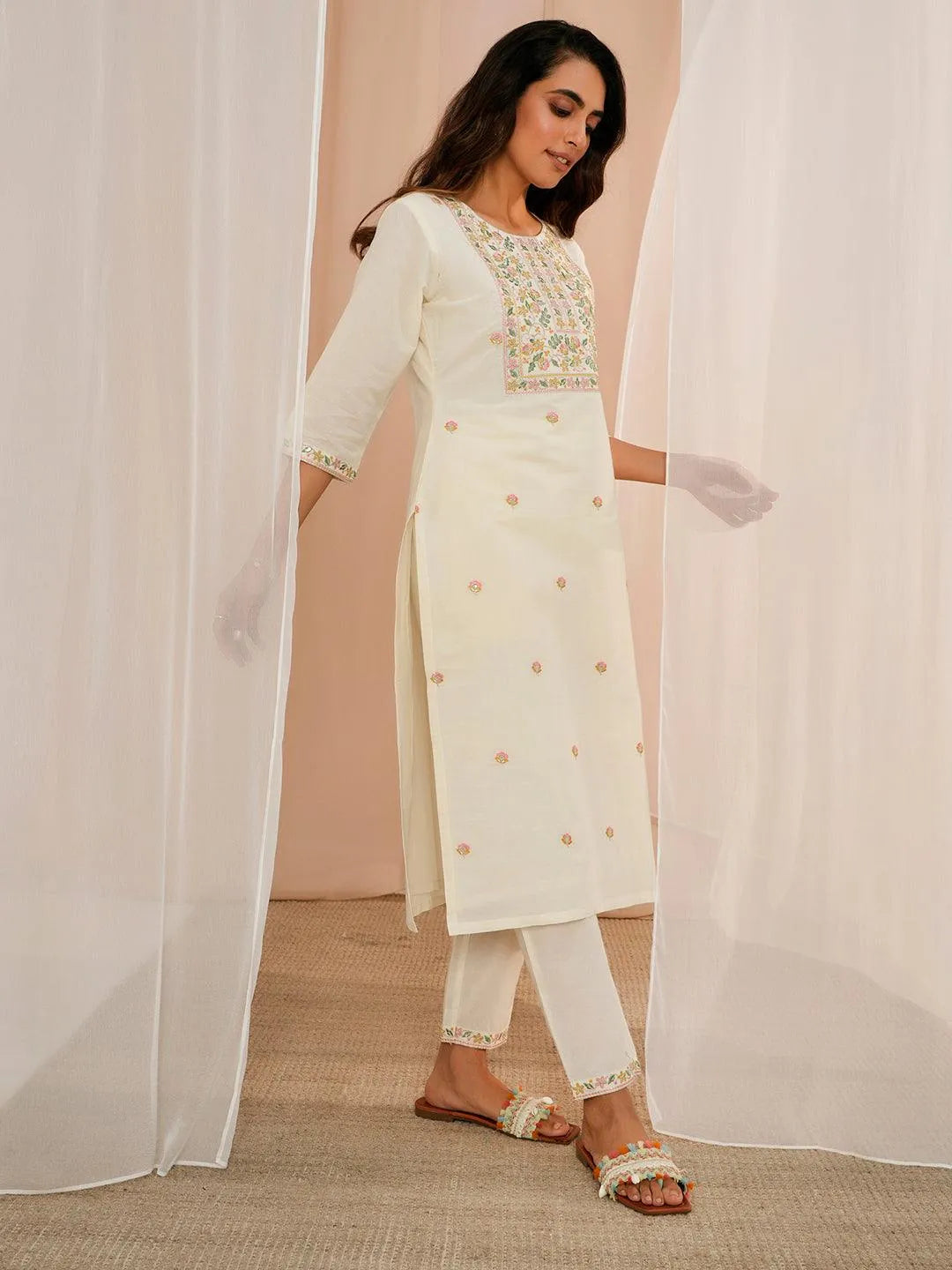 Off White Yoke Design Cotton Straight Suit With Dupatta - Libas