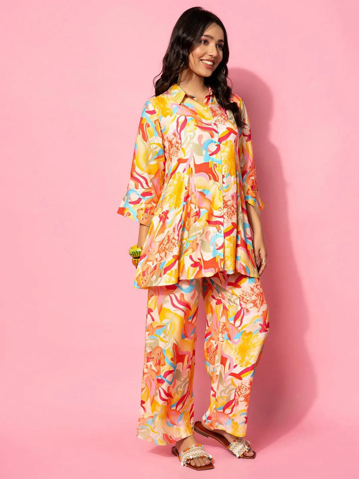 Multicoloured Printed Silk Blend Co-Ords - Libas