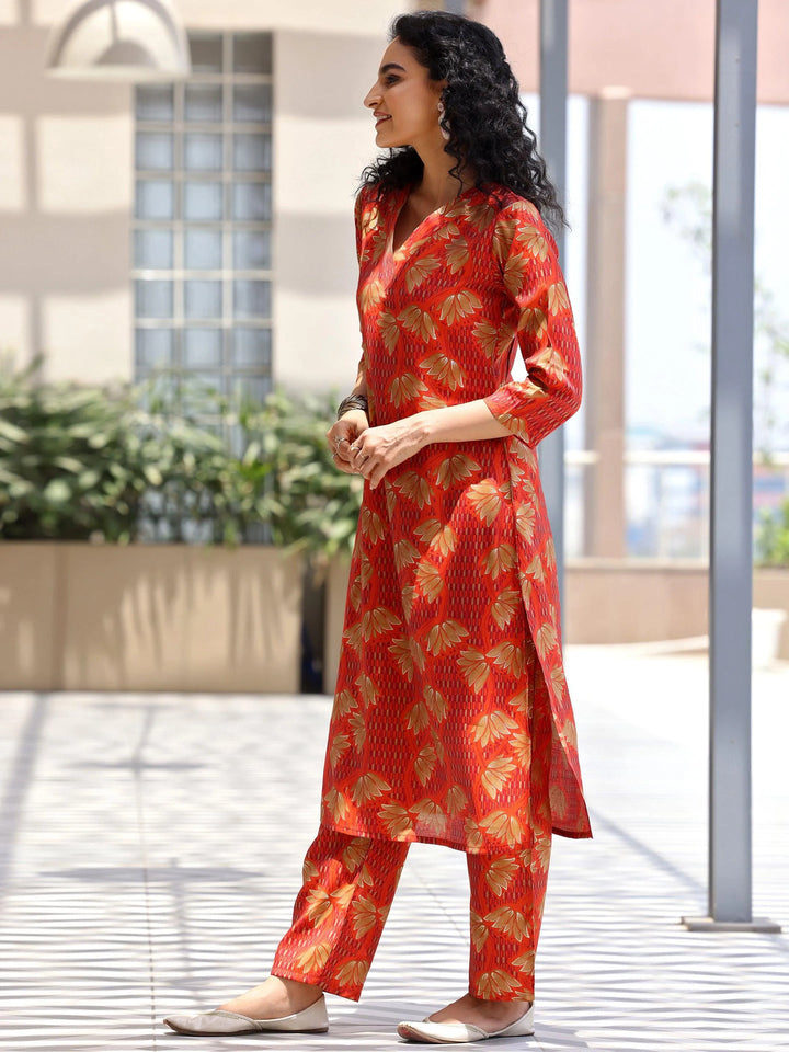 Orange Printed Silk Blend Co-Ords - Libas