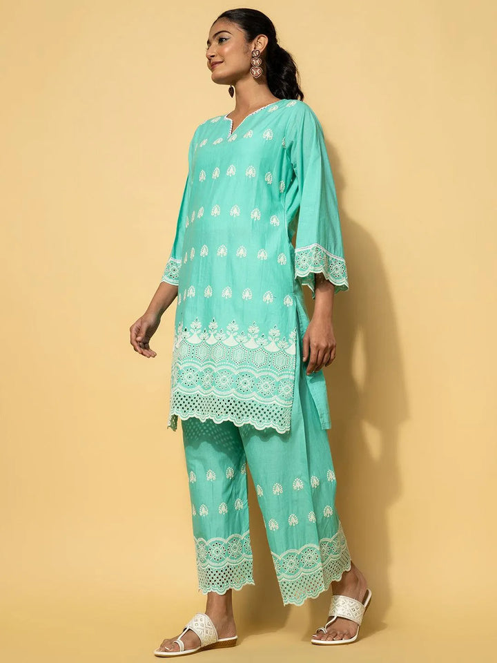 Green Embroidered Cotton Co-Ords - Libas