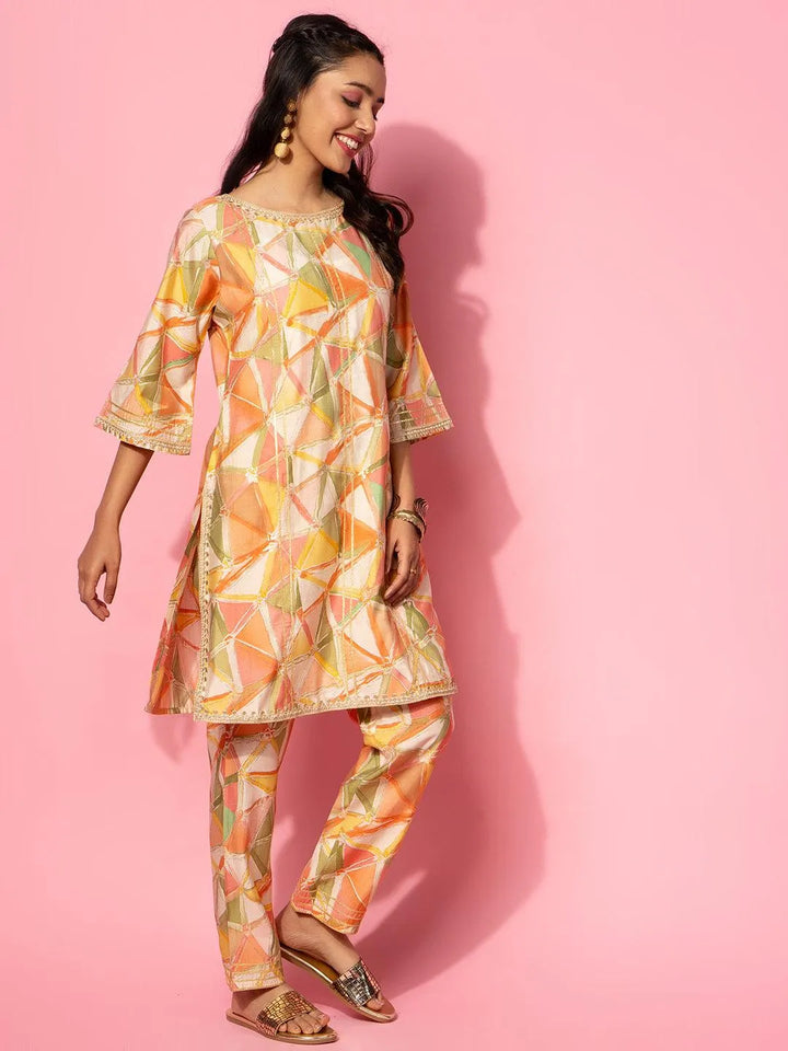 Peach Printed Silk Blend Co-Ords - Libas