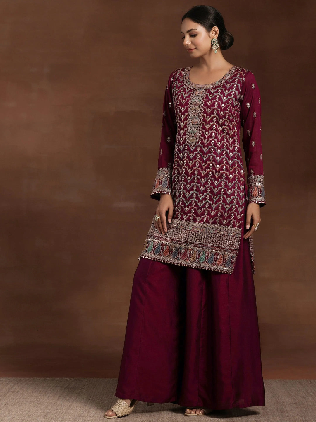 Maroon Embroidered Silk Blend Straight Kurta With Palazzos & Dupatta - Libas