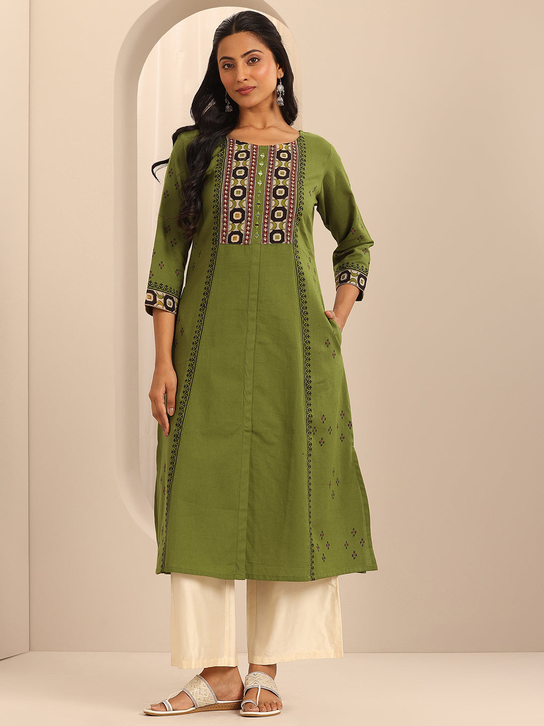 Olive Printed Cotton Blend A-Line Kurta