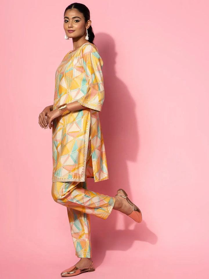 Yellow Printed Silk Blend Co-Ords - Libas