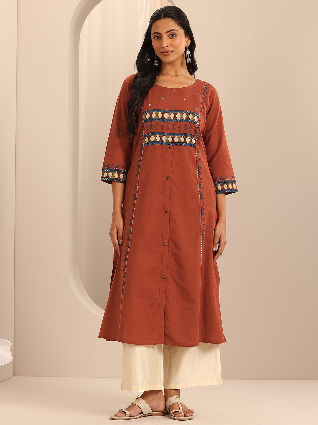 Rust Printed Cotton Blend A-Line Kurta