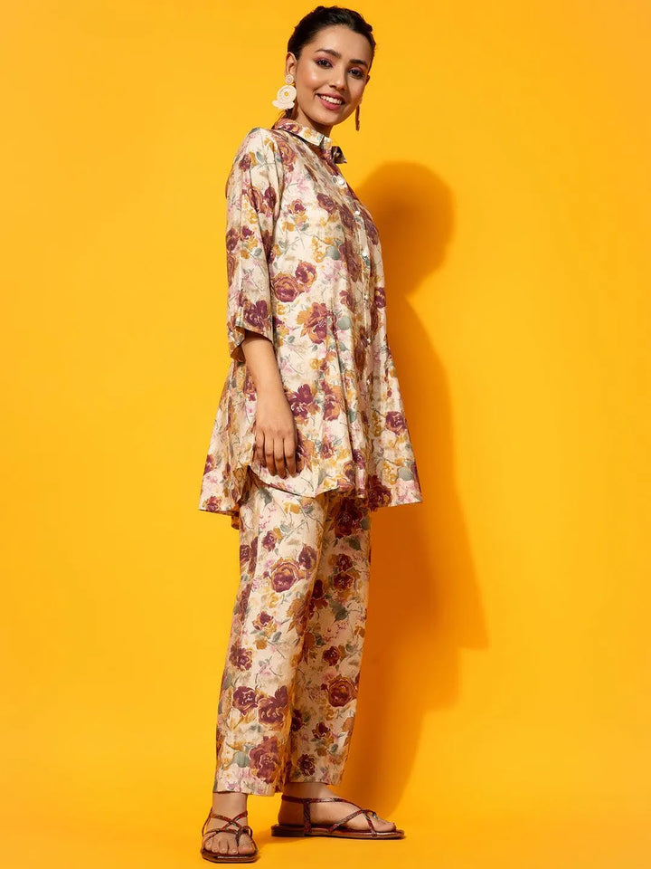 Beige Printed Silk Blend Co-Ords - Libas