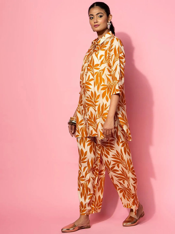 Beige Printed Silk Blend Co-Ords - Libas