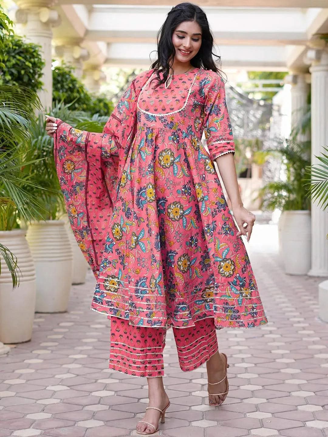 Pink Printed Cotton Anarkali Kurta With Palazzos & Dupatta - Libas