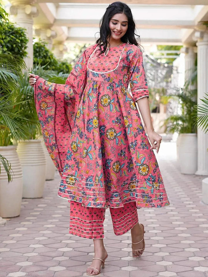 Pink Printed Cotton Anarkali Kurta With Palazzos & Dupatta - Libas