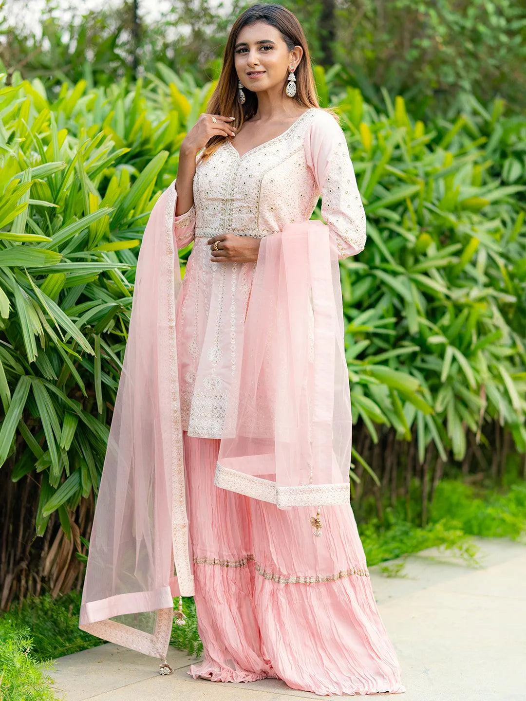 Libas Art Peach Embroidered Silk Blend A-Line Sharara Suit Set
Libas Art Peach Embroidered Silk Blend A-Line Sharara Suit Set