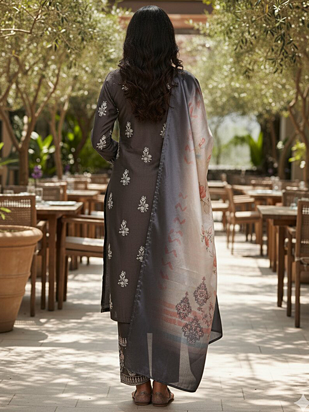 Charcoal Printed Silk Blend Straight Kurta With Dupatta