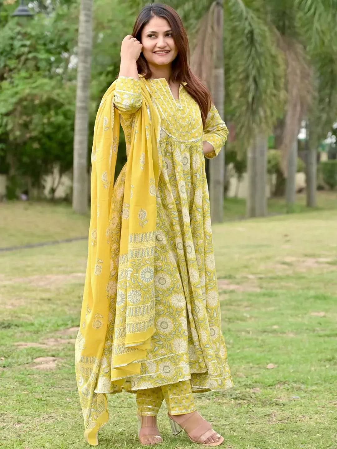 Yellow Yoke Design Cotton Anarkali Kurta With Trousers & Dupatta
Yellow Yoke Design Cotton Anarkali Kurta With Trousers & Dupatta