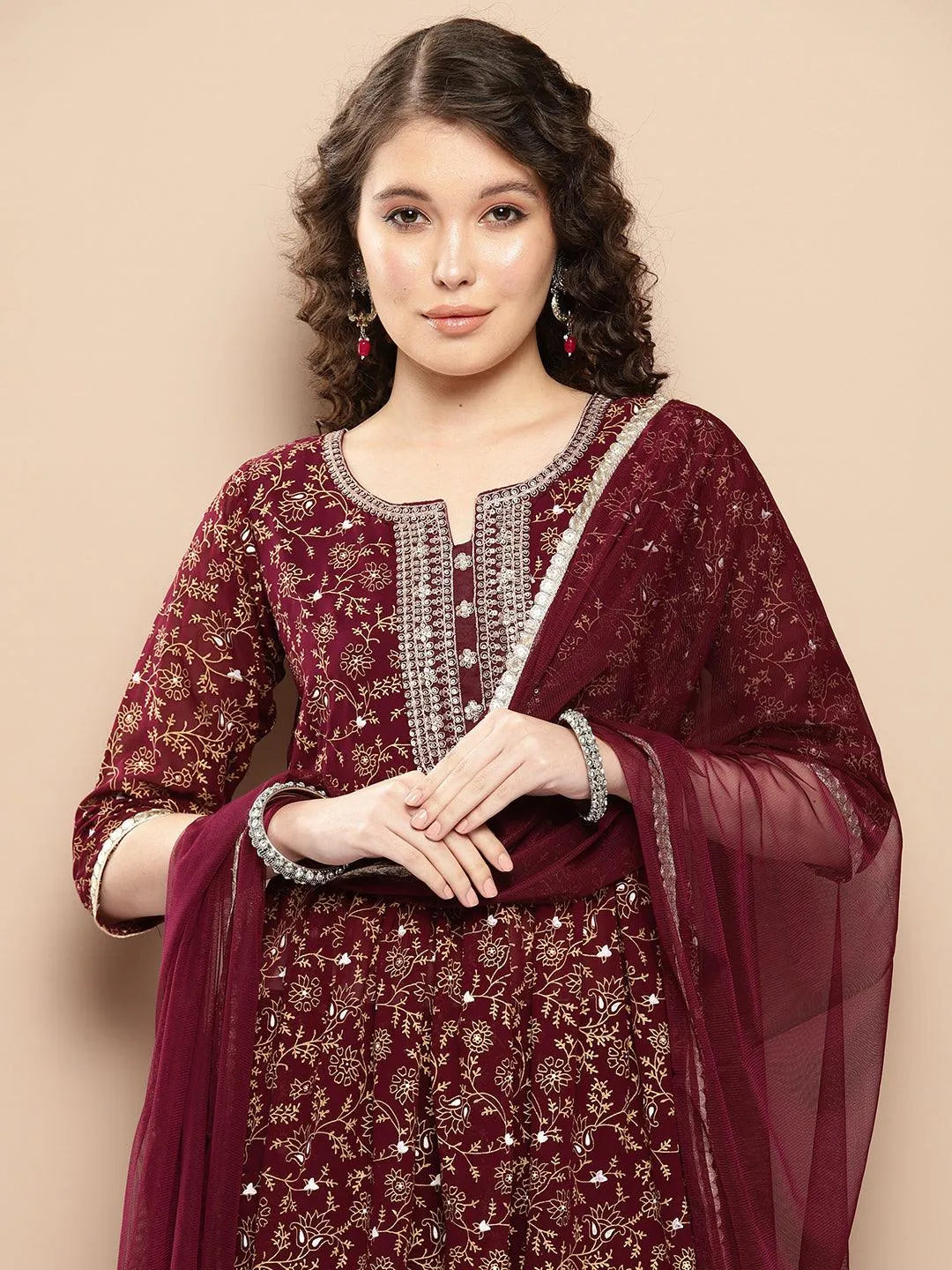 Burgundy Yoke Design Georgette A-Line Kurta With Trousers & Dupatta - Libas