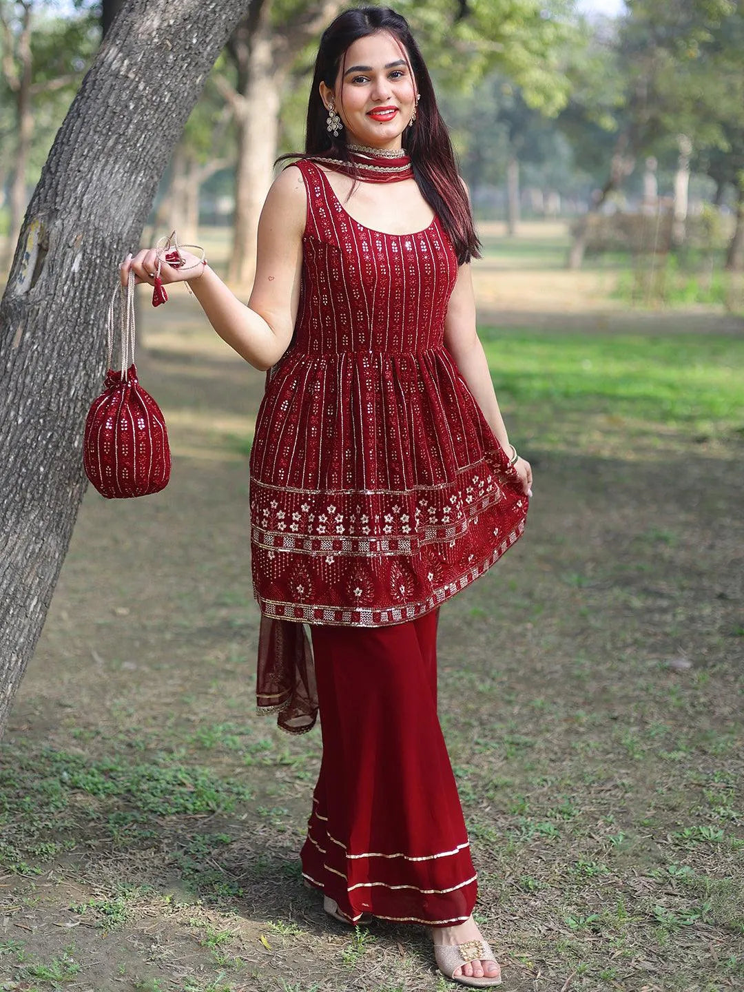 Maroon Embroidered Georgette A-Line Sharara Suit Set With Dupatta Online at Rs.2279 | Libas