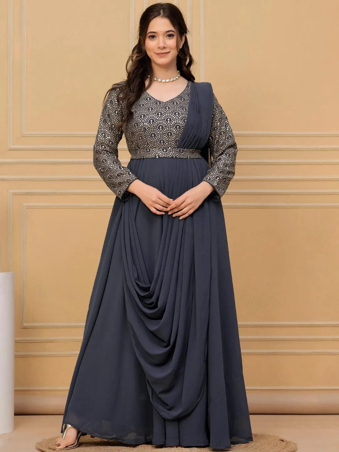 Buy Grey Embroidered Georgette Gown Dress Online at Rs.1649 | Libas