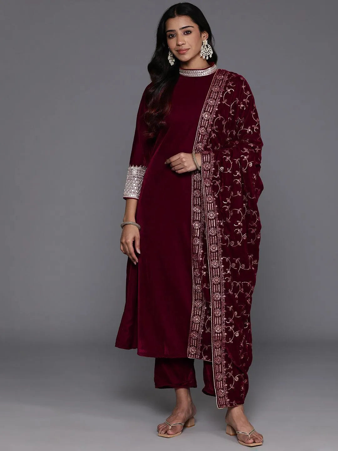 Maroon Embroidered Velvet A-Line Kurta With Trousers & Dupatta - Libas
