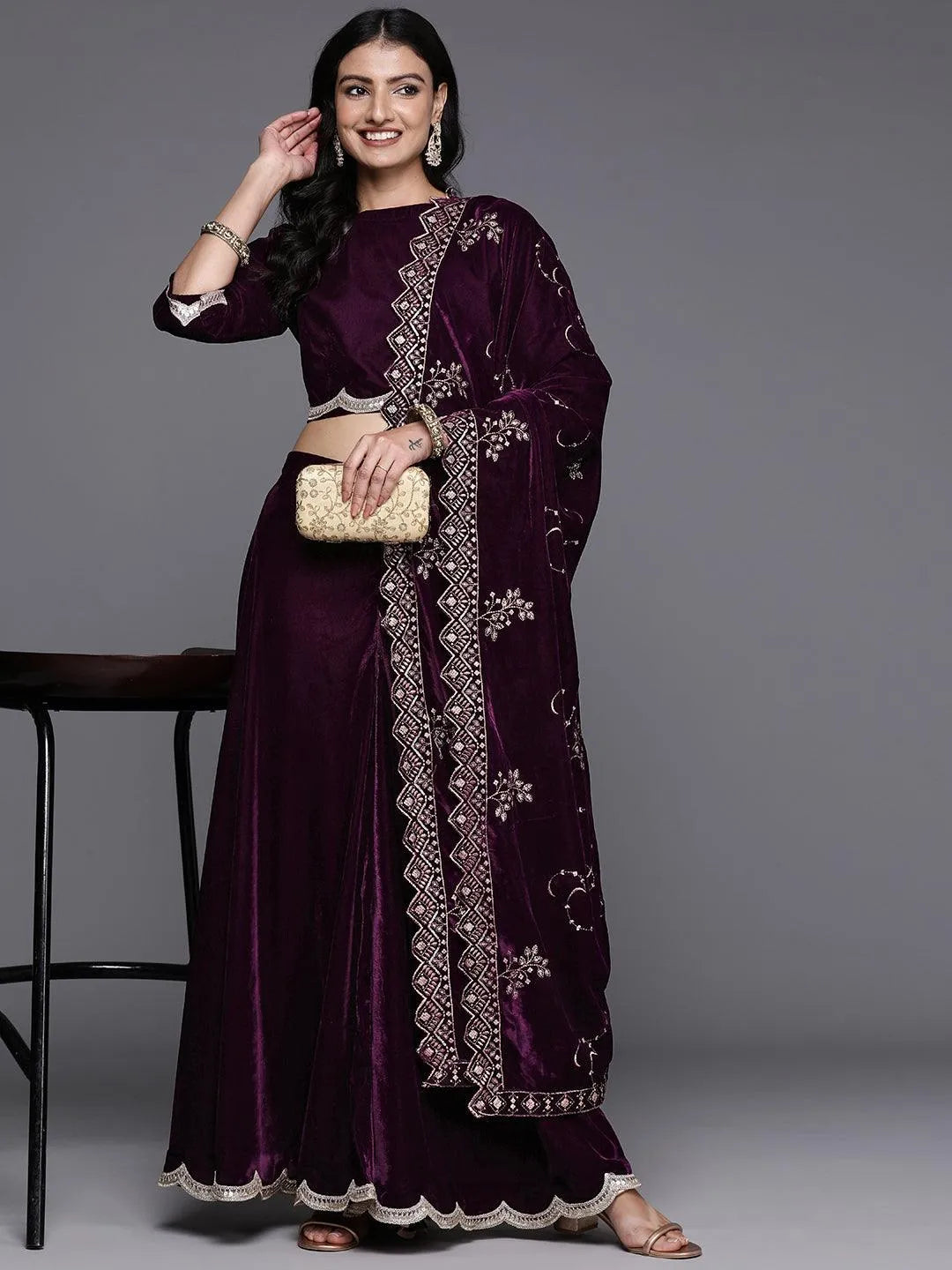 Wine Solid Velvet Co-Ords - Libas