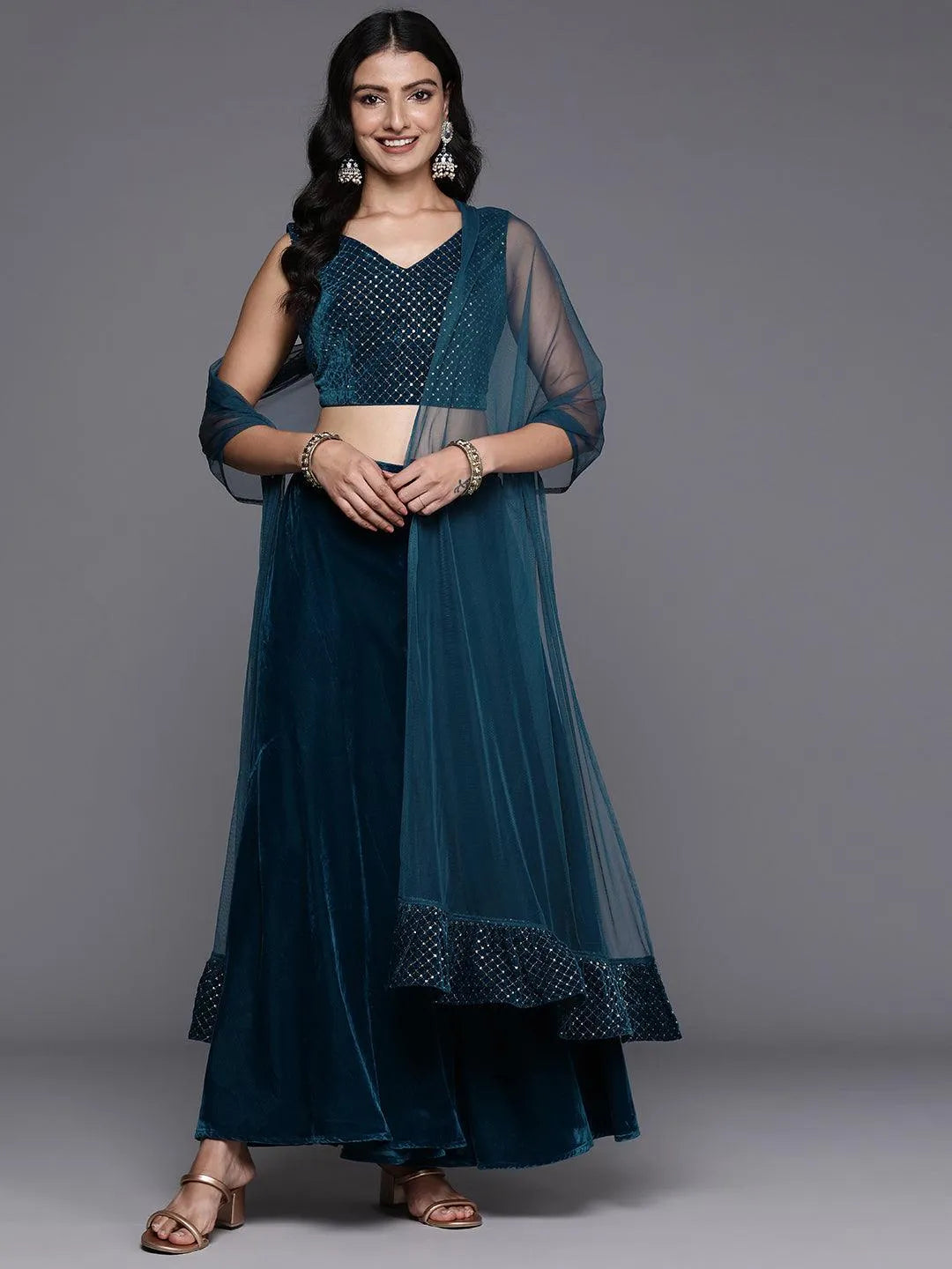 Blue Embellished Velvet Co-Ords - Libas