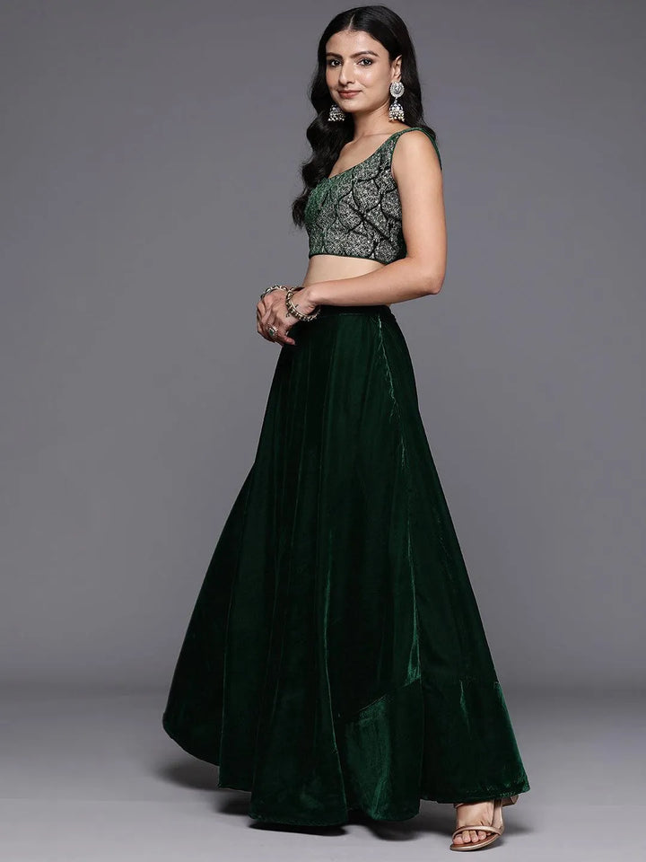 Green Embroidered Velvet Lehenga Set - Libas