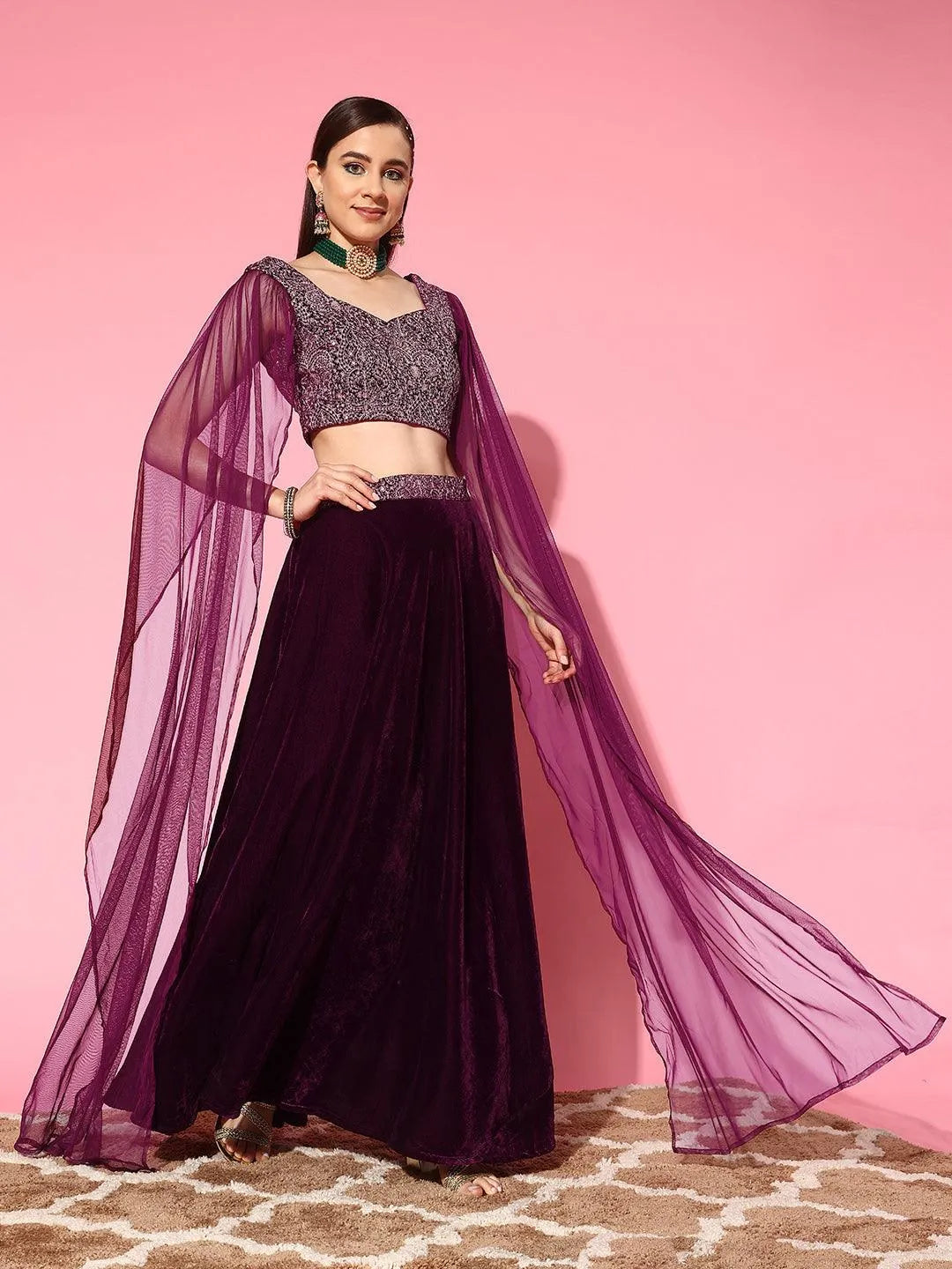 Wine Embroidered Velvet Lehenga Set - Main Image