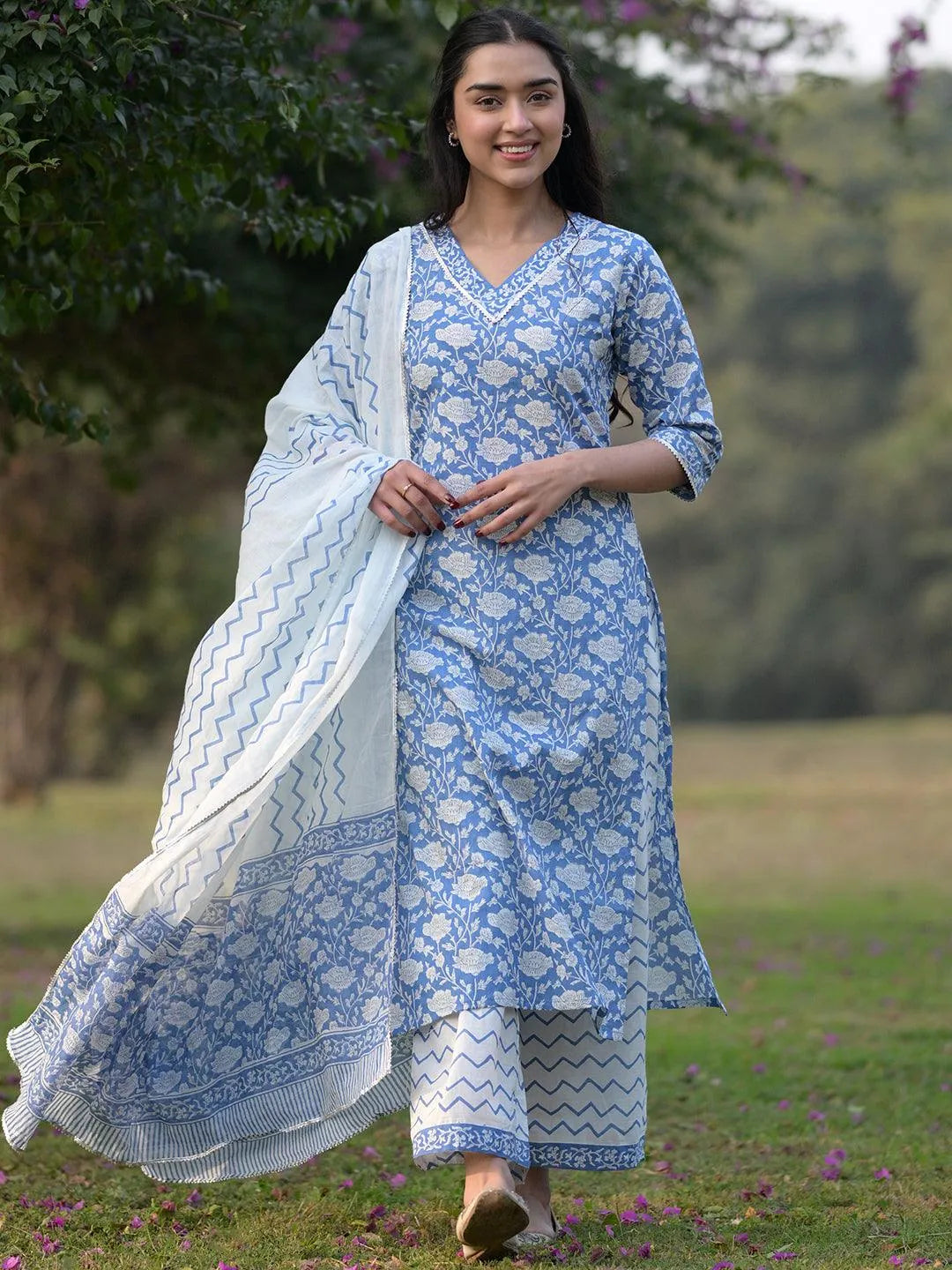 Blue Printed Cotton Straight Kurta With Palazzos & Dupatta Online at Rs.1049 | Libas