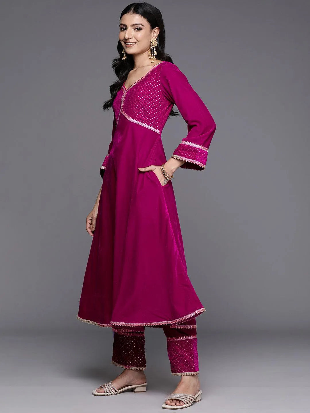 Pink Embroidered Velvet Anarkali Suit With Dupatta - Libas