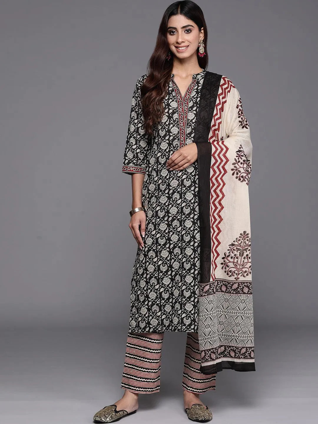 Black Printed Cotton Straight Kurta With Palazzos & Dupatta Online at Rs.1589 | Libas