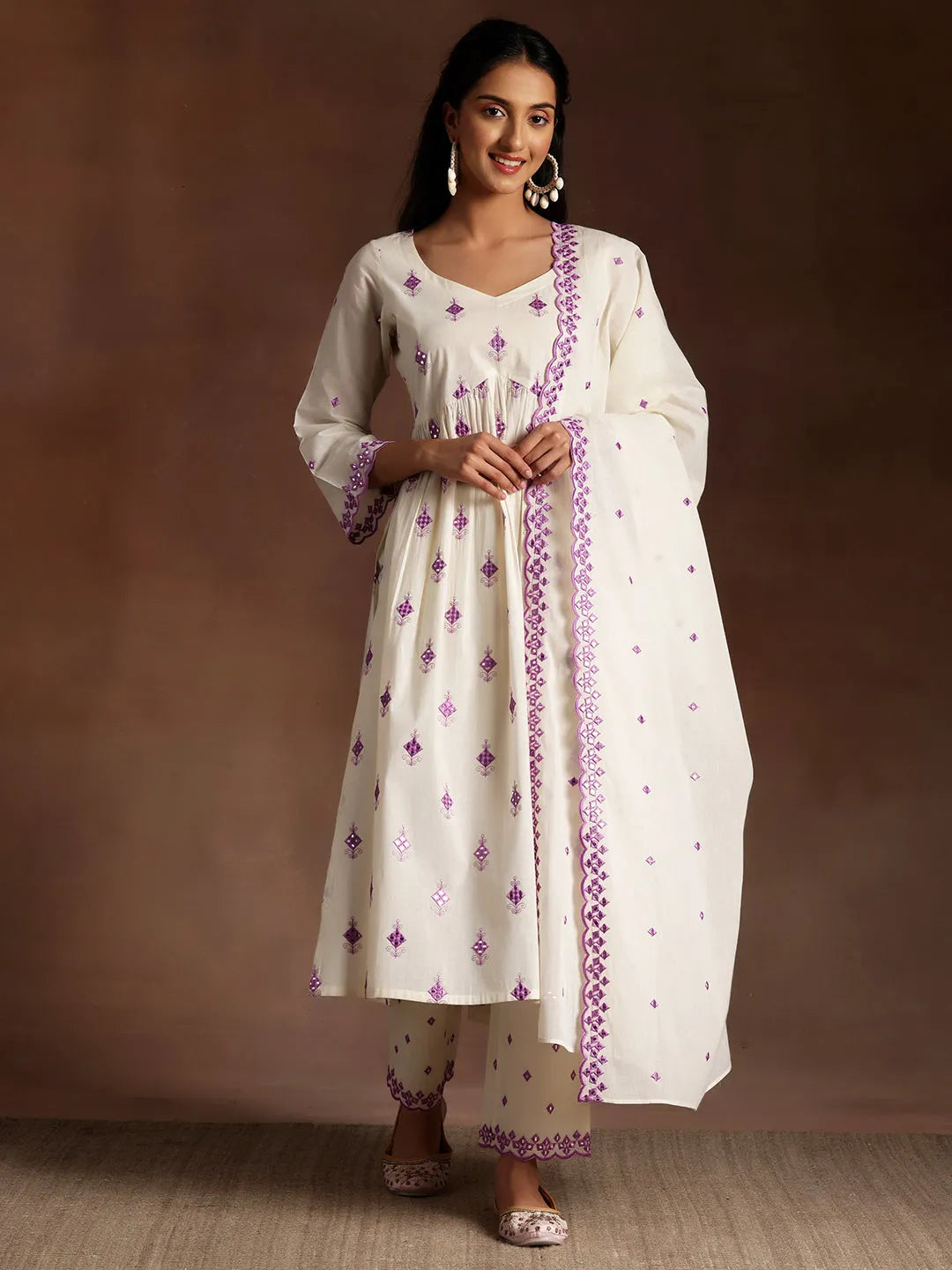 Buy Off White Embroidered Cotton Anarkali Suit With Dupatta Online
