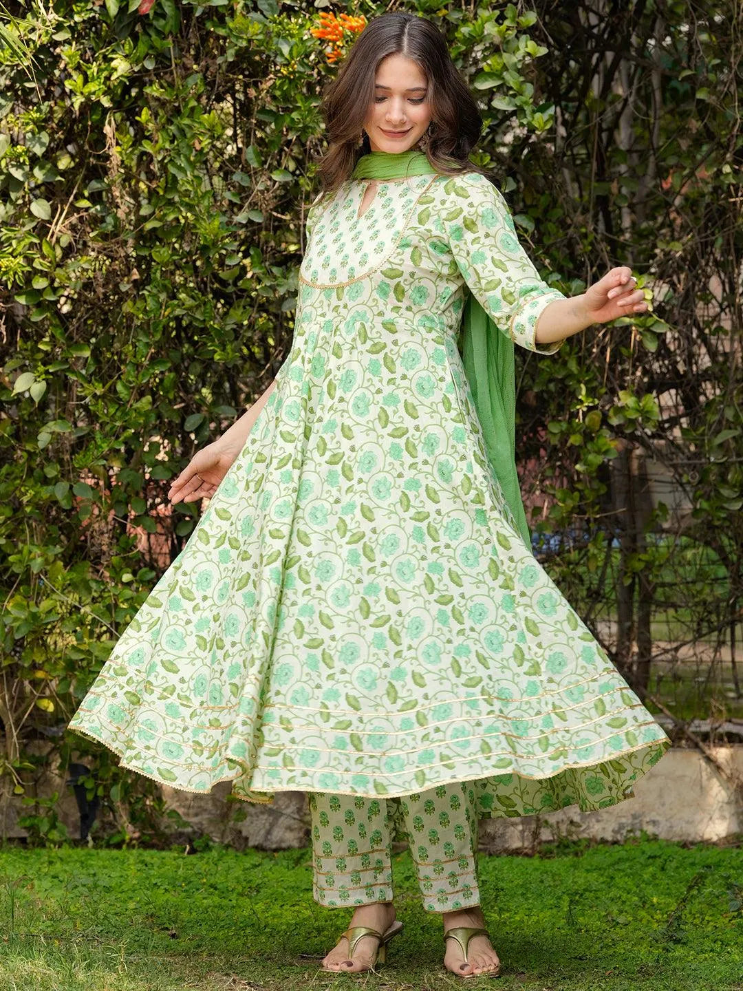 Green Libas Anarkali Cotton Kurtis Green Yoke Design Cotton