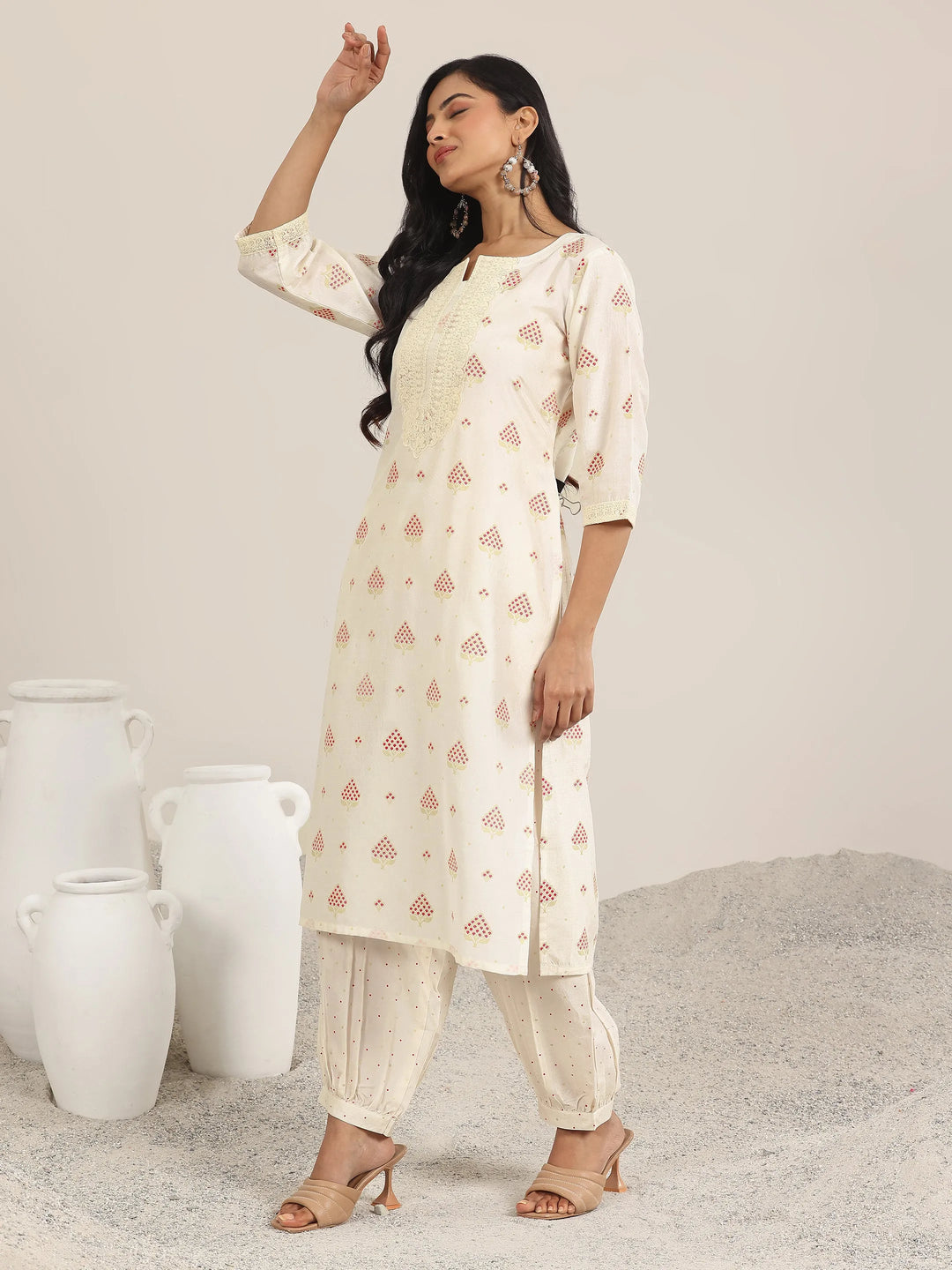 Off White Printed Silk Blend Straight Suit With Dupatta