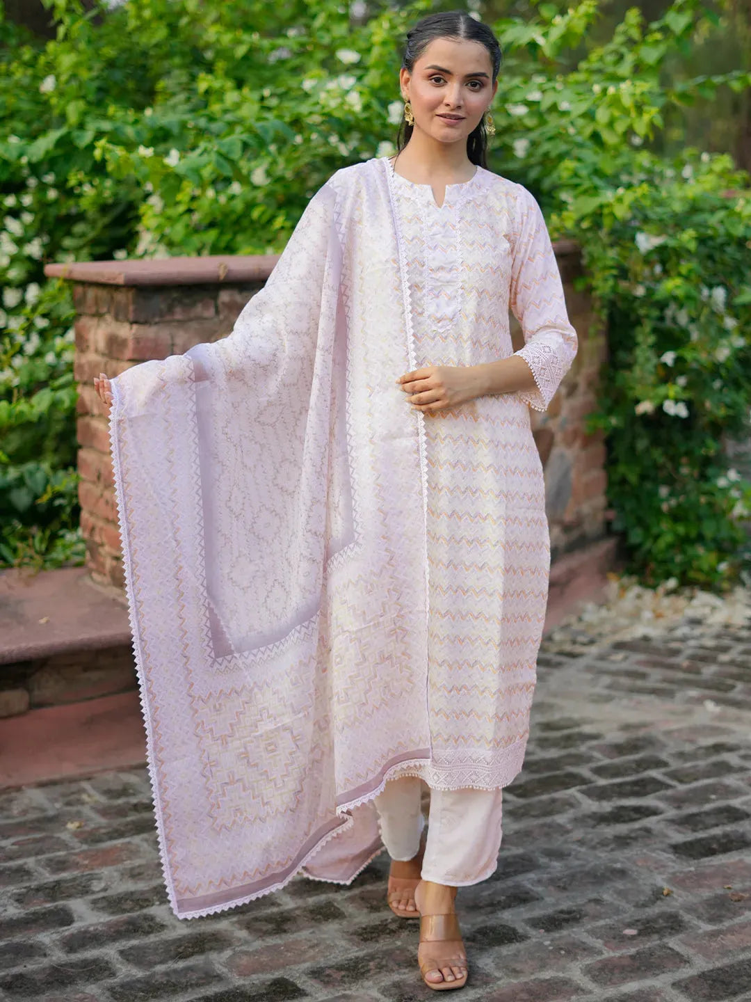Off White Embroidered Cotton Straight Suit Set With Dupatta