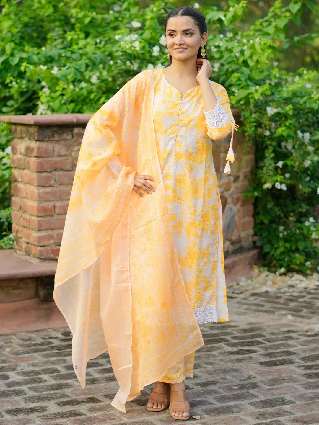 Yellow Printed Cotton Blend Straight Suit Set With Dupatta