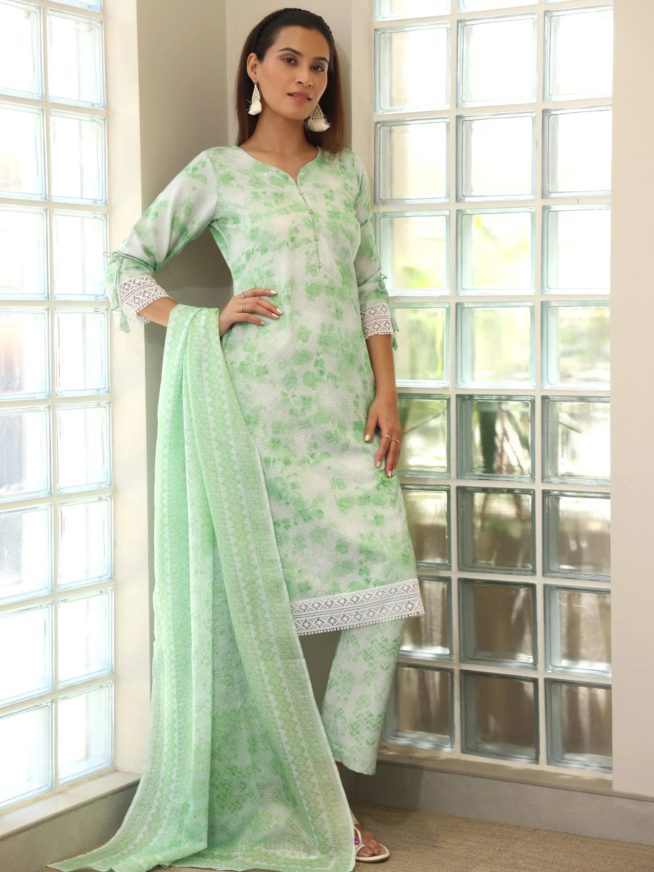 Plus Size Green Printed Cotton Blend Straight Suit Set With Dupatta