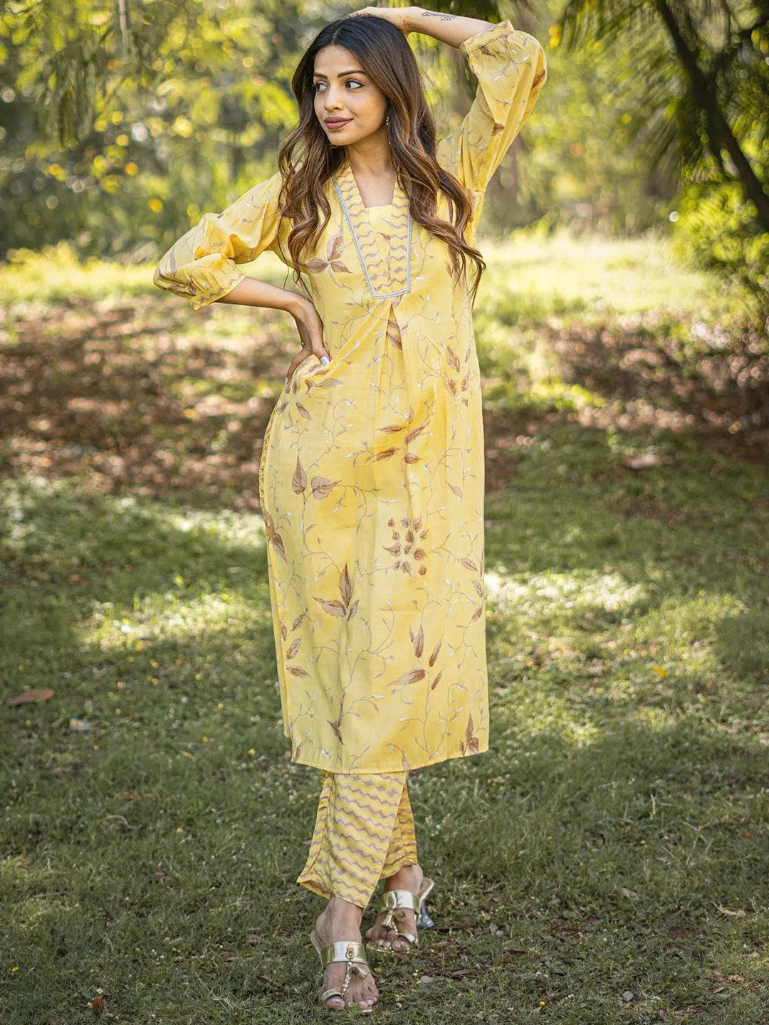 Buy Yellow Printed Silk Blend Straight Kurta Set Online at