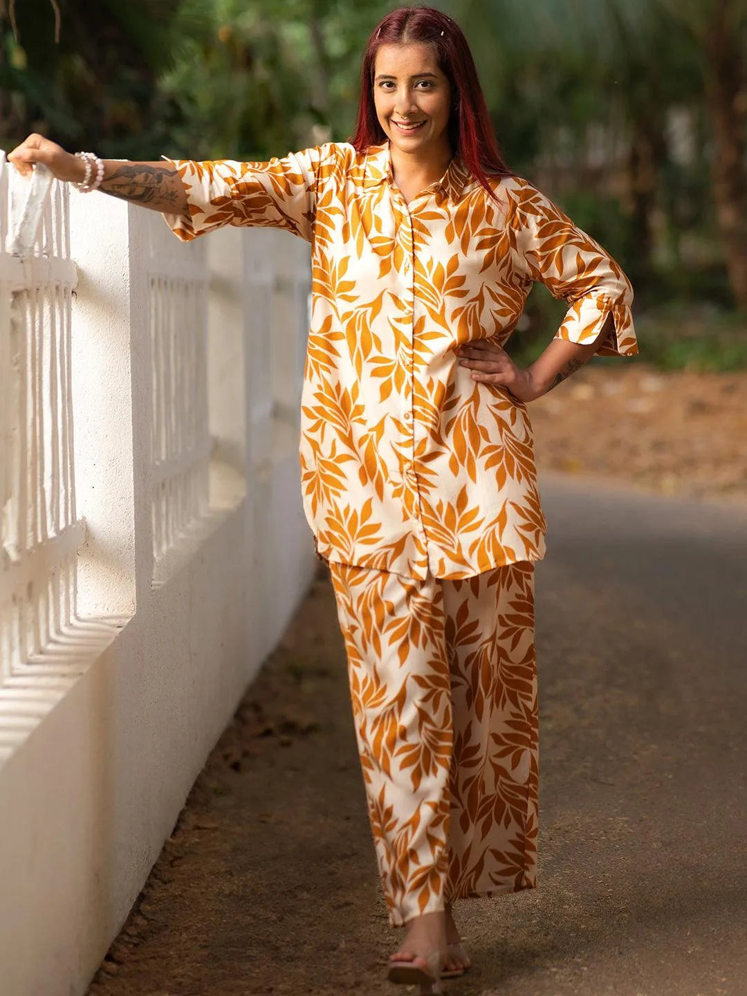 Beige Printed Silk Blend Co-Ords - Libas