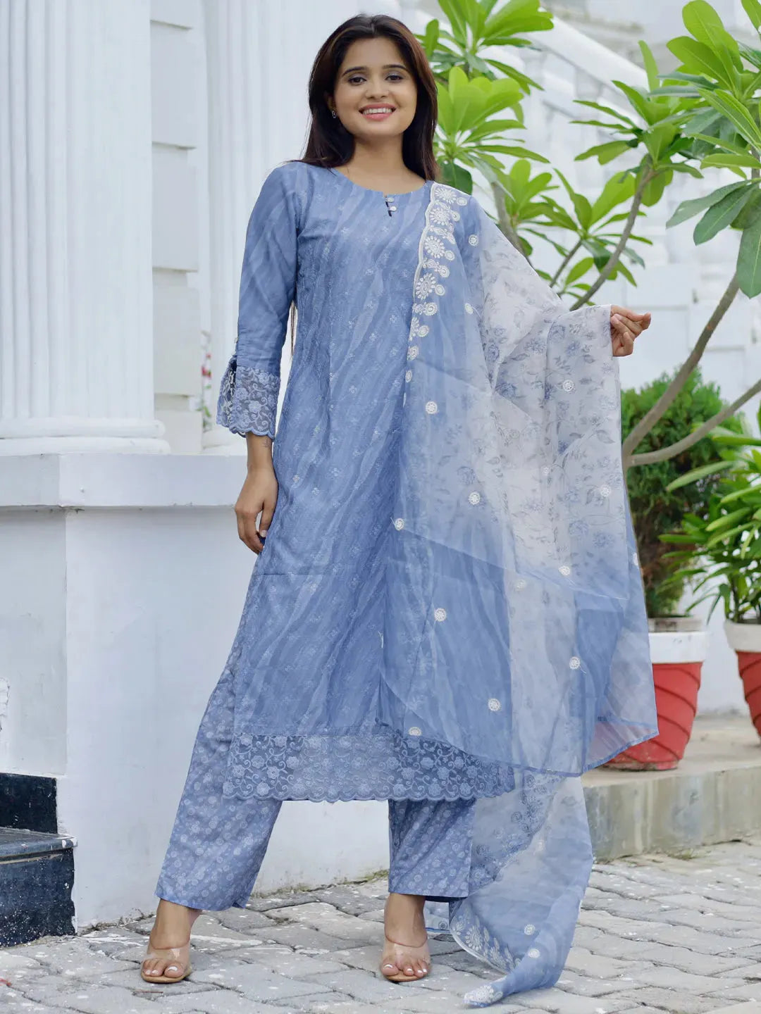 Blue Embroidered Silk Blend Straight Suit With Dupatta