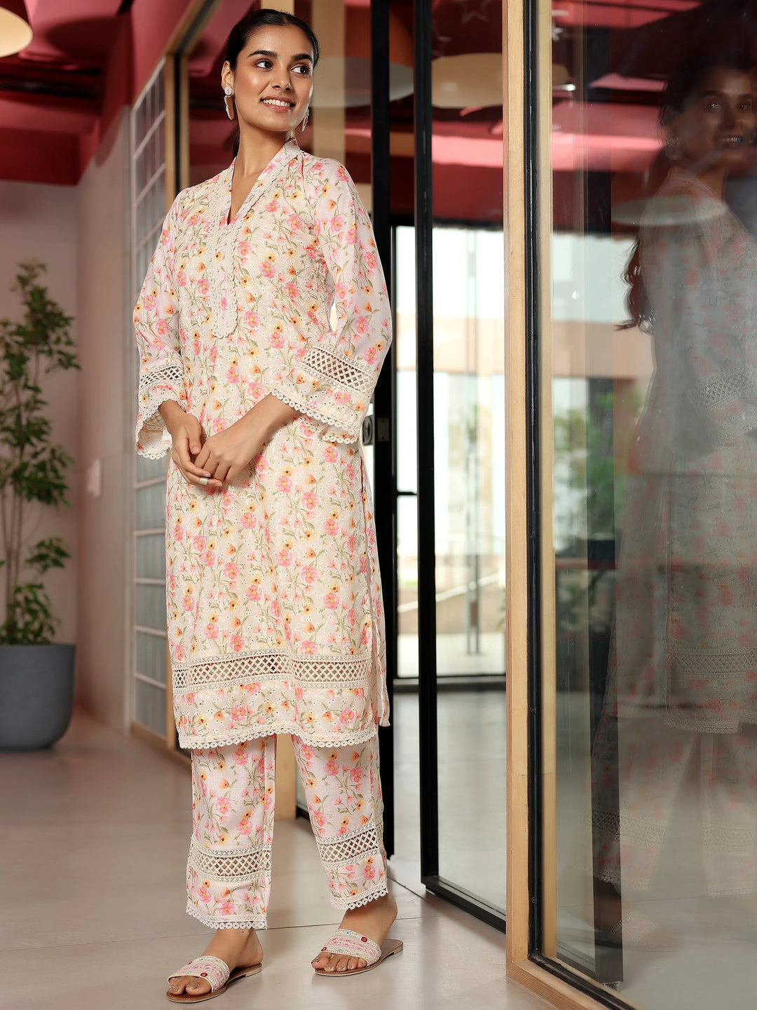 Beige Printed Cotton A-Line Kurta With Palazzos