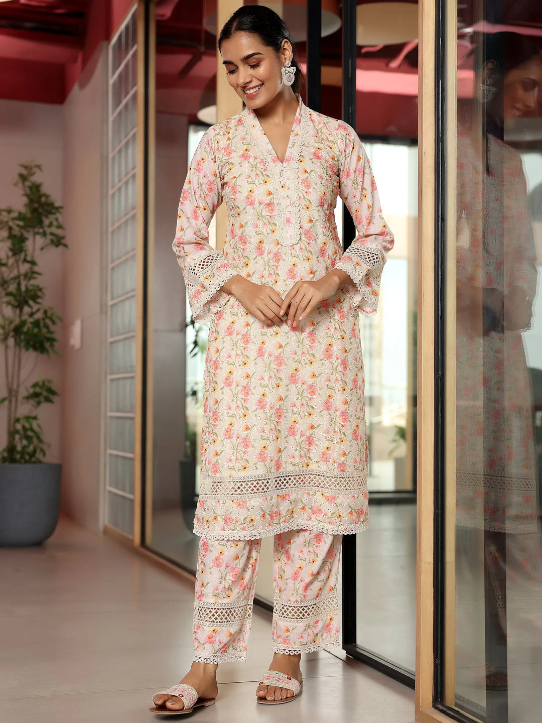 Beige Printed Cotton A-Line Kurta With Palazzos