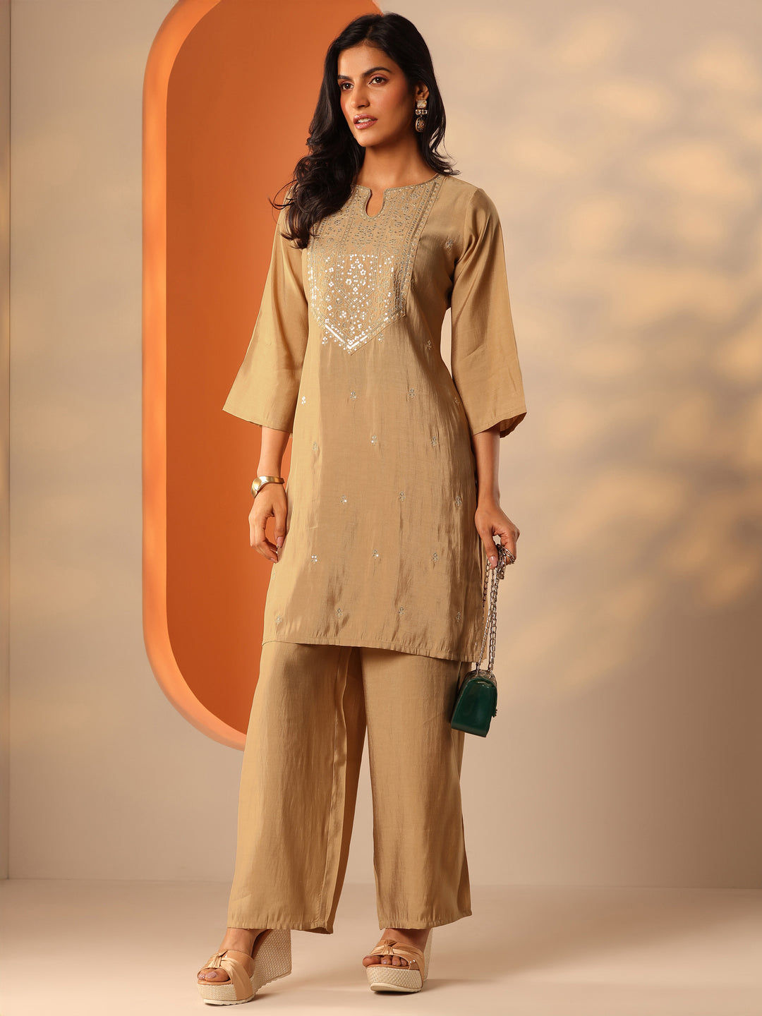 Beige Yoke Design Silk Blend Straight Kurta Set