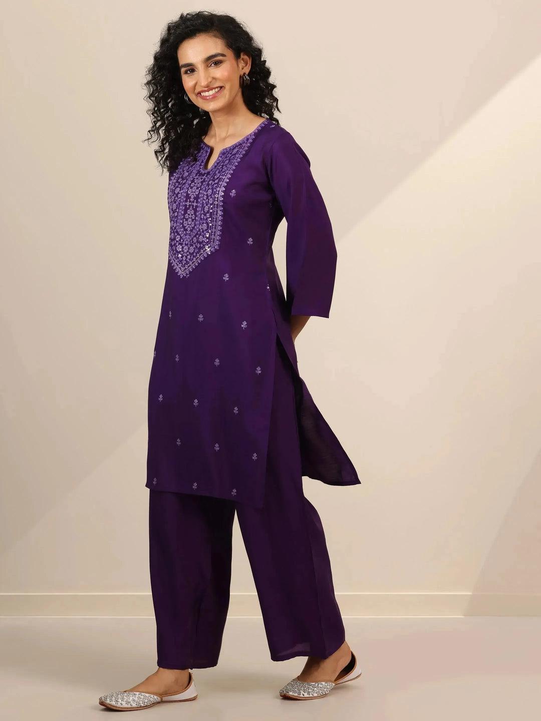 Purple Embroidered Silk Blend Straight Kurta Set