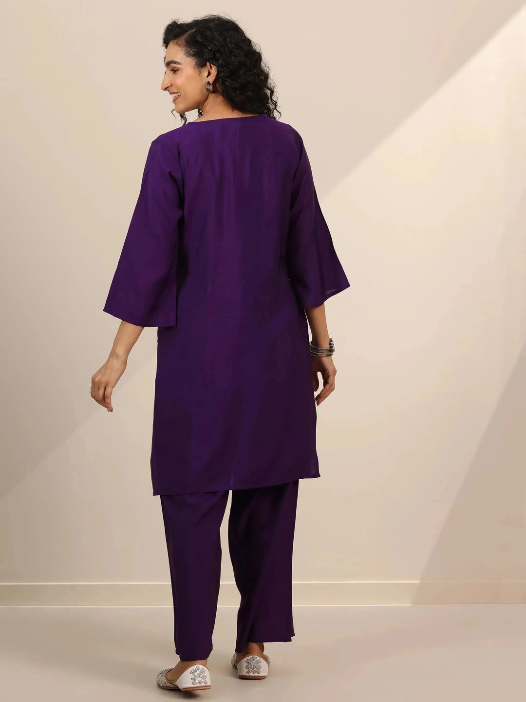 Purple Embroidered Silk Blend Straight Kurta Set