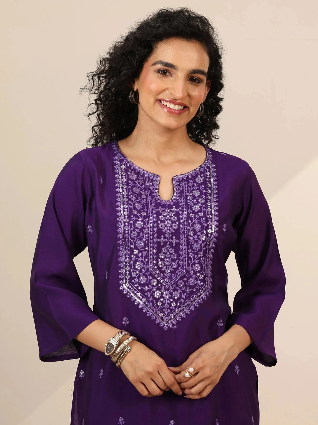 Purple Embroidered Silk Blend Straight Kurta Set