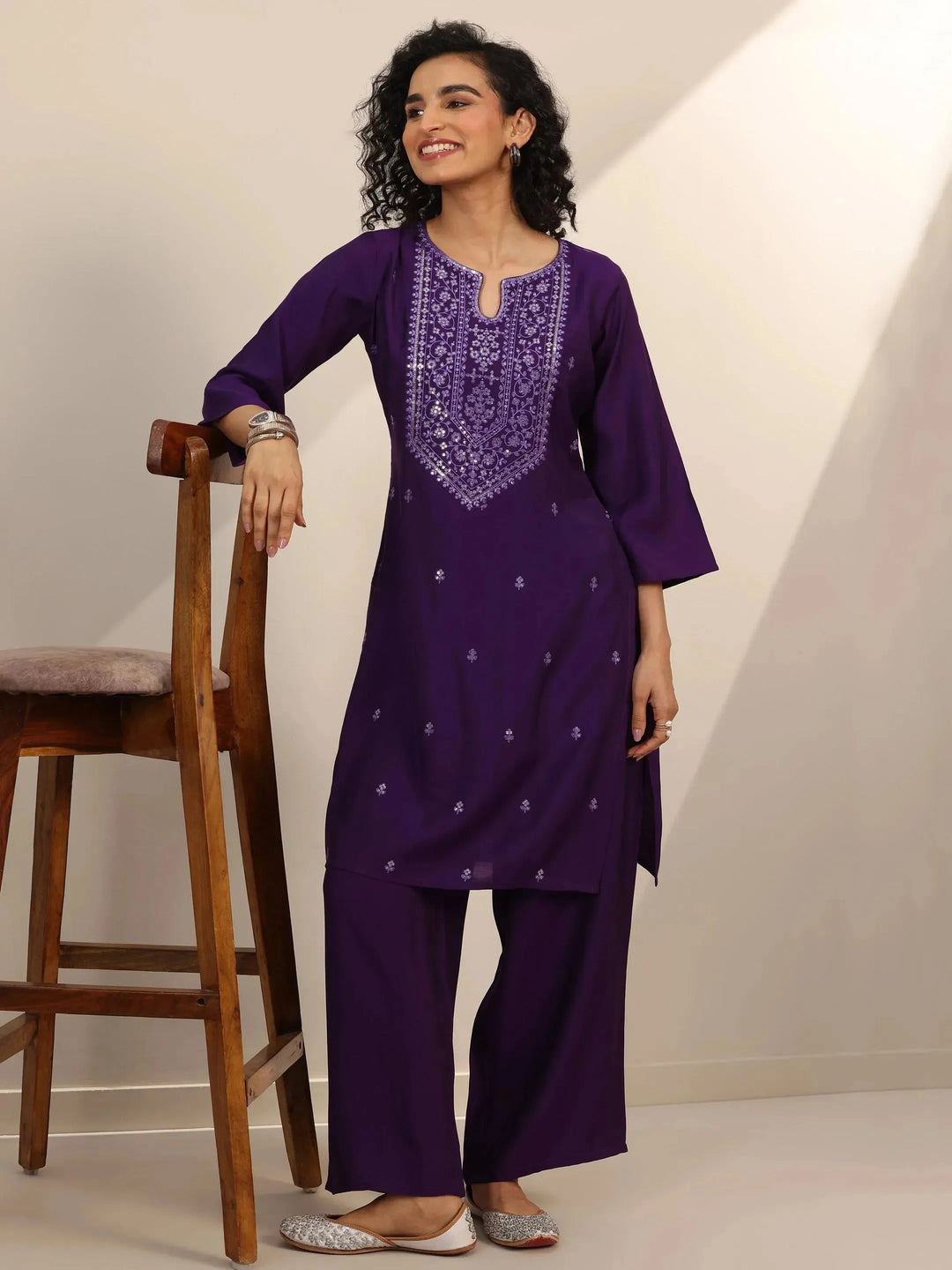 Purple Embroidered Silk Blend Straight Kurta Set