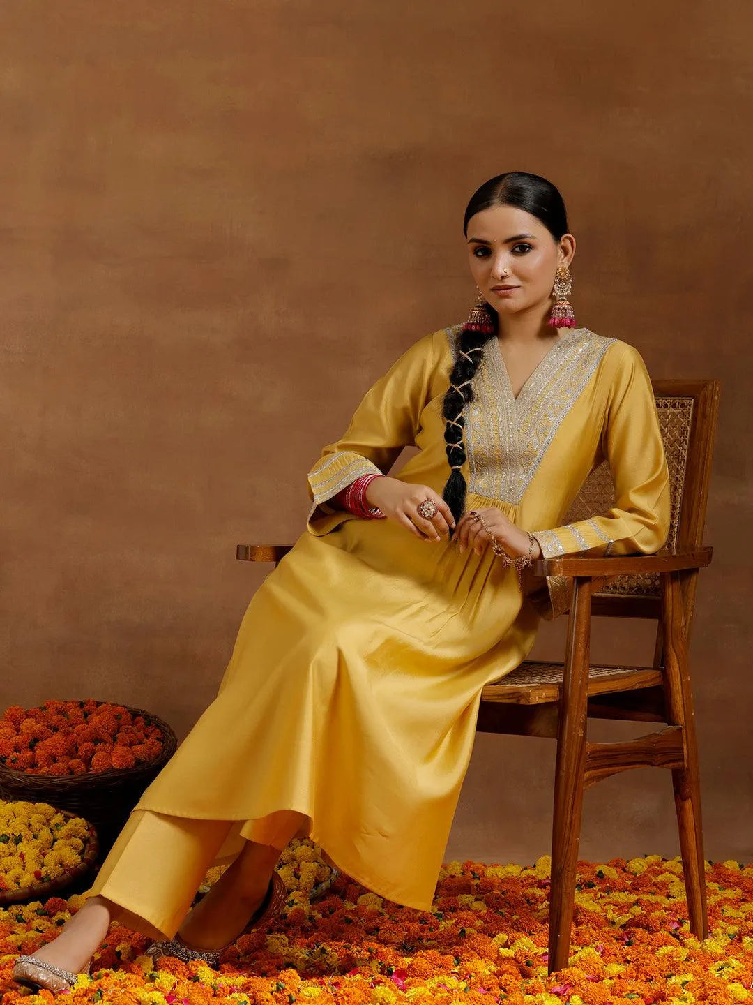 Yellow Yoke Design Silk Blend A-Line Kurta With Trousers Online at Rs.2999 | Libas