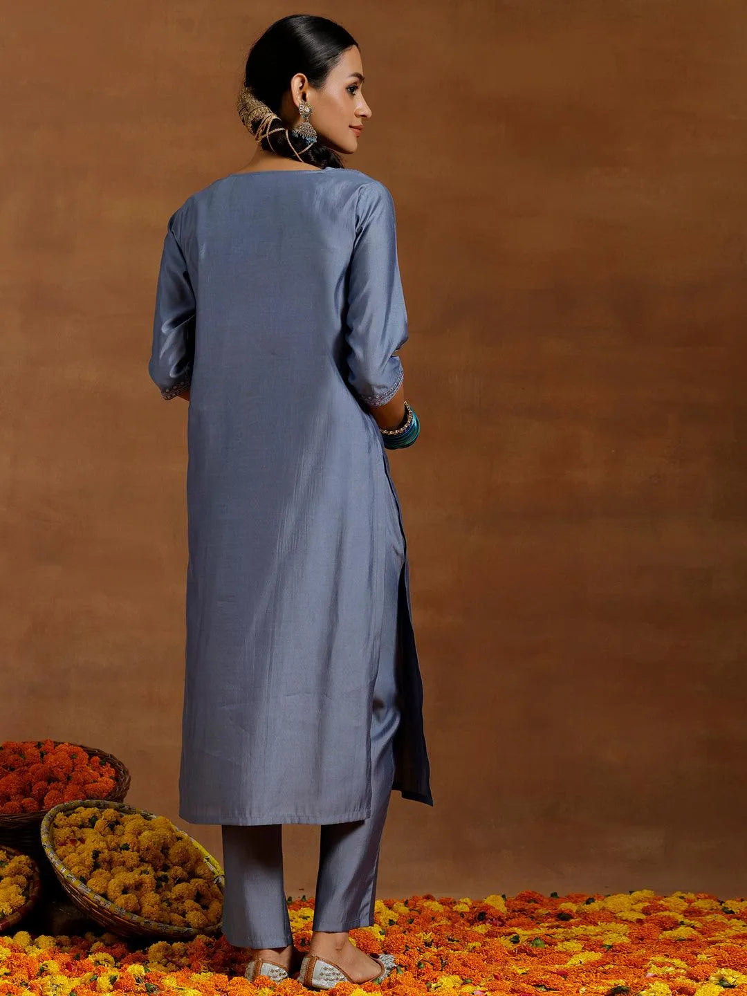 Grey Yoke Design Silk Blend Straight Kurta Set - Libas