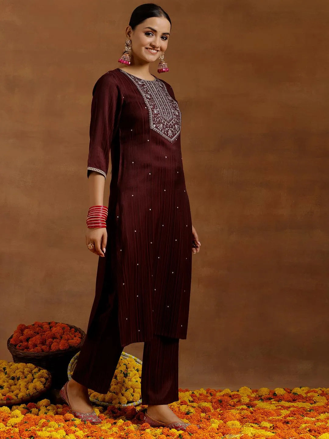 Maroon Embroidered Silk Blend Straight Kurta Set - Libas
