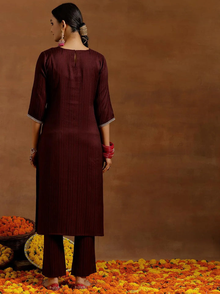 Maroon Embroidered Silk Blend Straight Kurta Set - Libas