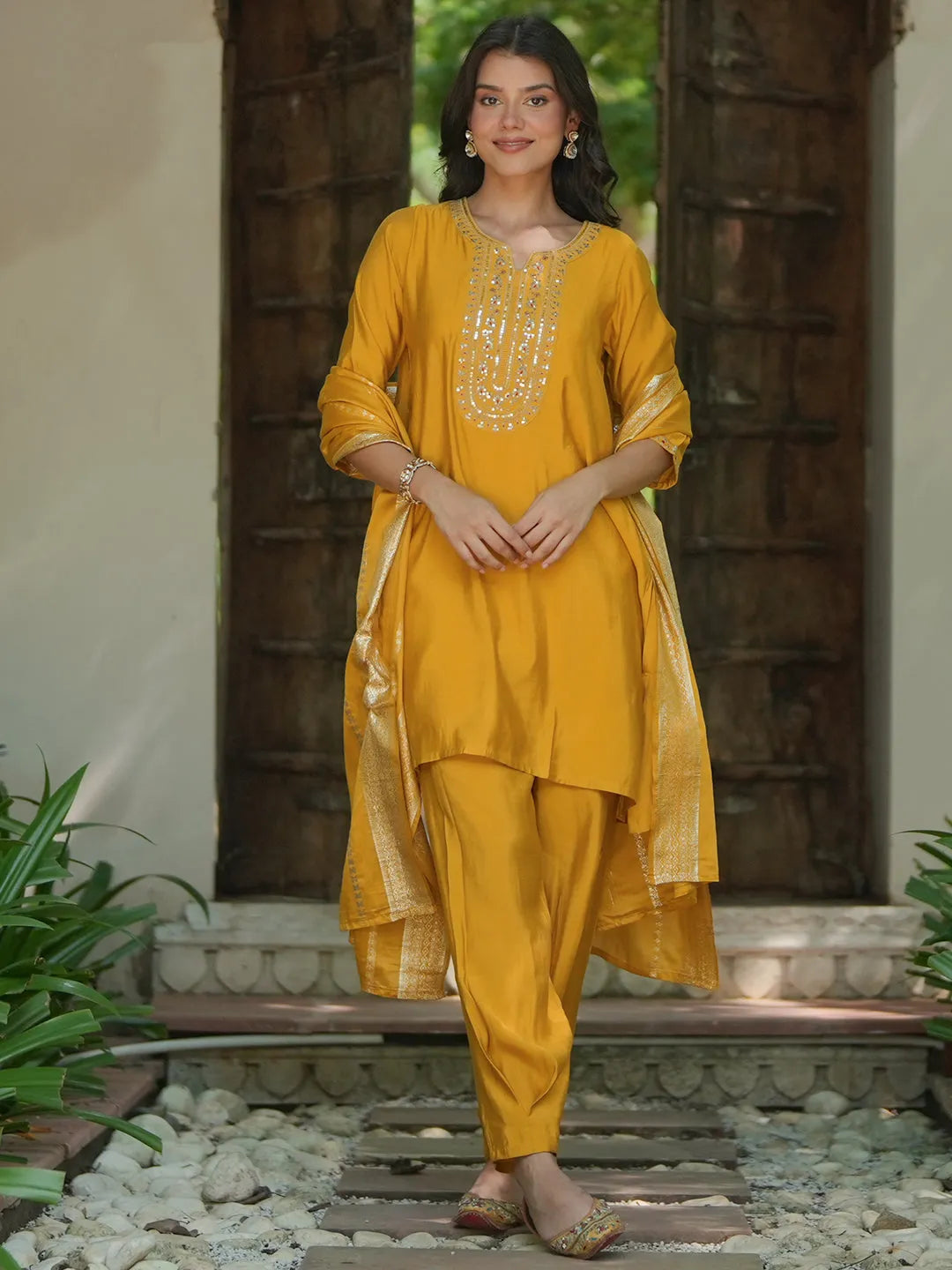 Yellow Yoke Design Silk Blend Straight Suit With Dupatta