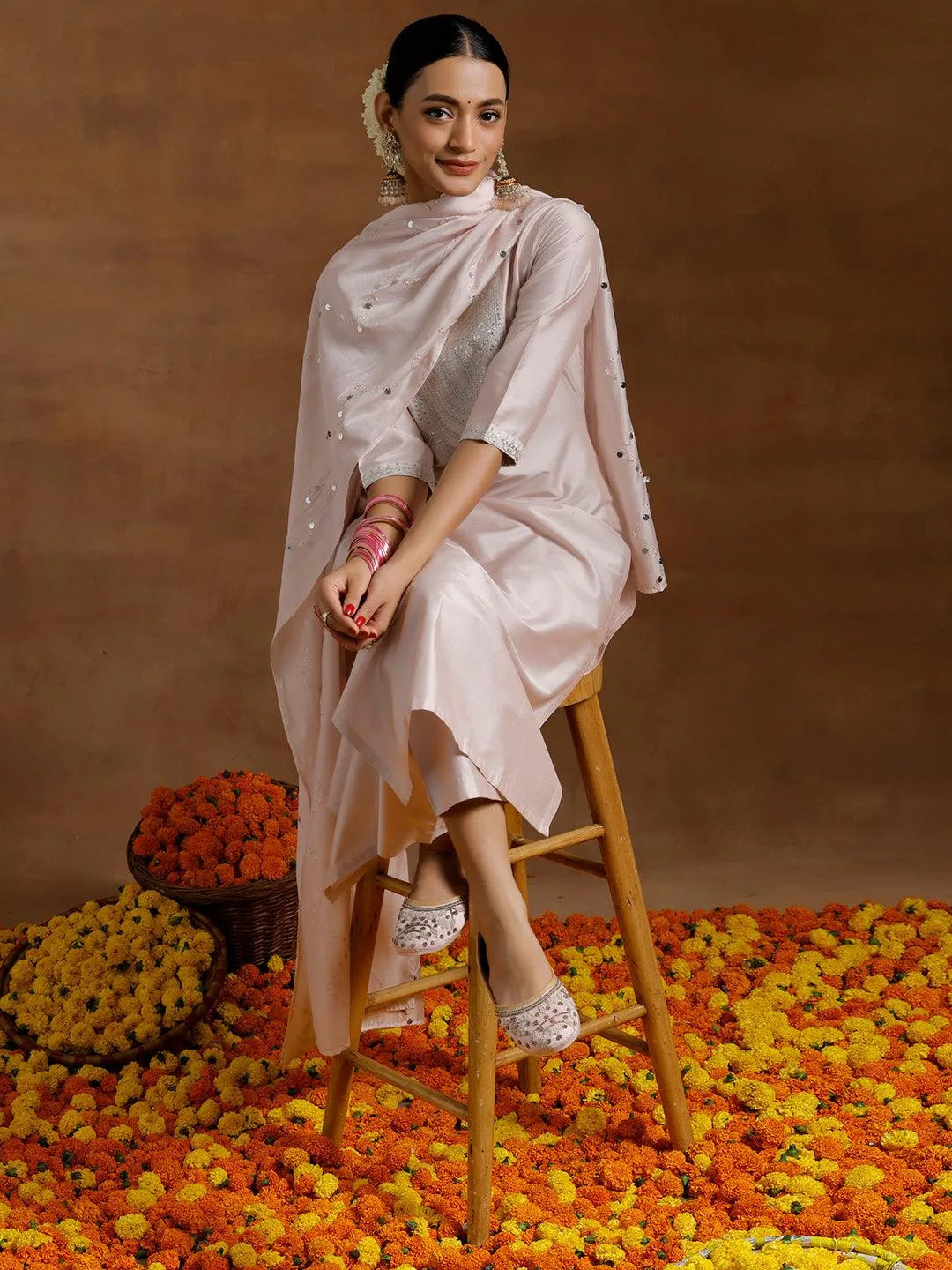 Light Pink Yoke Design Silk Blend Straight Suit With Dupatta - Libas